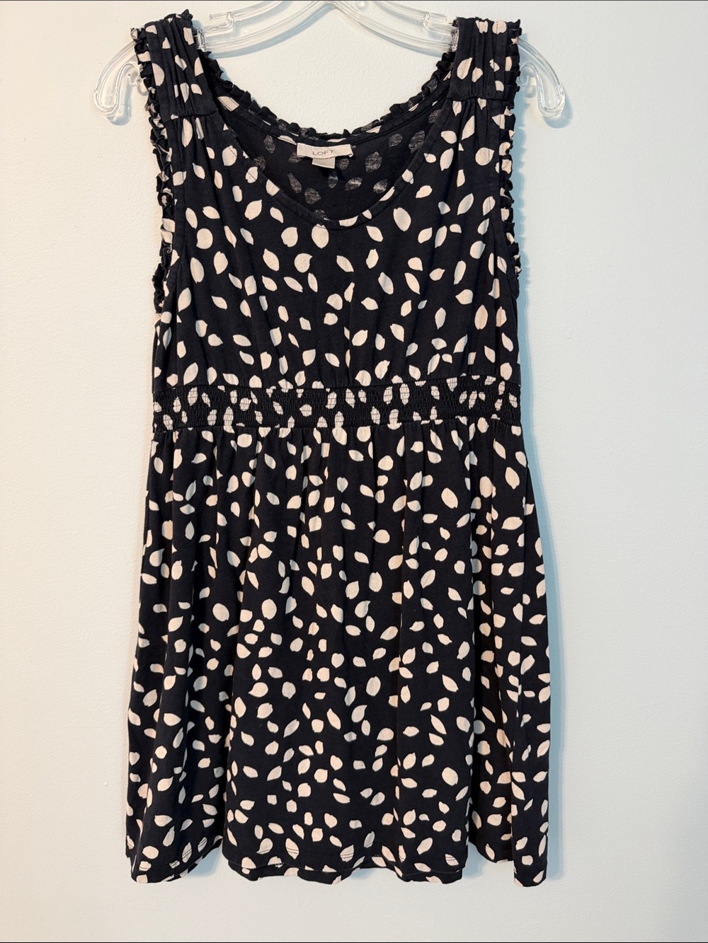LOFT Navy Smocked Waist Dress with Cream Leaf Dot Print